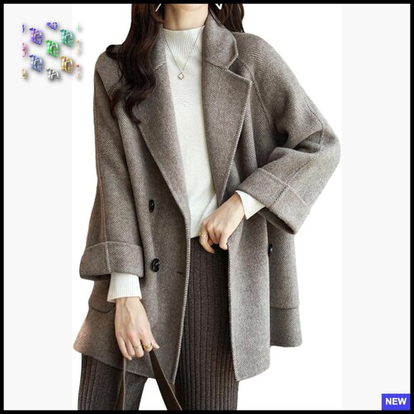 Classic Wool Blend Pea Coat Double Breasted Loose Fit Winter Overcoat